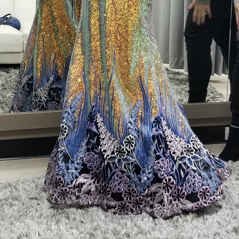 Morrell Maxie evening gown, gold sequin with blue details on skirt